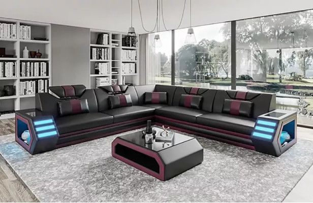 Design Wohnzimmer Eckcouch Ecksofa Möbel Lederpolster Couch Sofa L Form + Tisch
