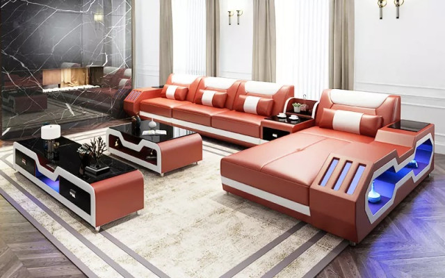 Ledersofa Led Beleuchtete Designer Eckcouch Polster Eckgarnitur Sofa 2tlg