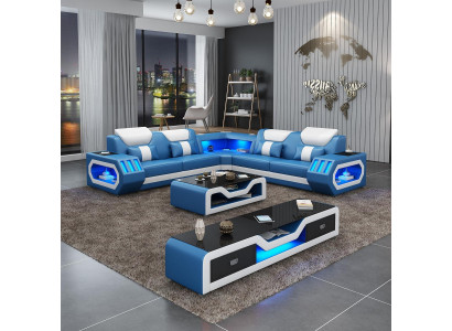 Ecksofa L Form Couchtisch Sofa Couch Design Polster Leder Modern Blau Tisch neu
