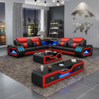 Ecksofa L Form Couchtisch Sofa Couch Design Polster Leder Modern Blau Tisch neu