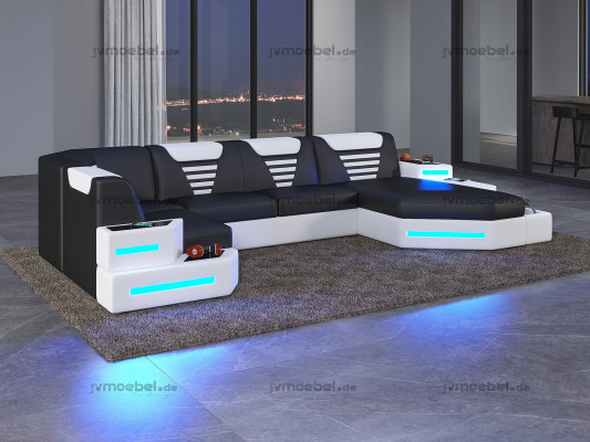 Eck Sofa Couch Polster Ecke Leder Couchen Wohnlandschaft U Form +LED