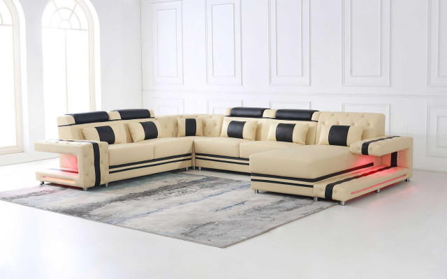 Leder Polster Sitz Design Modern Eck Garnitur Sofa Wohnlandschaft U Form USB LED