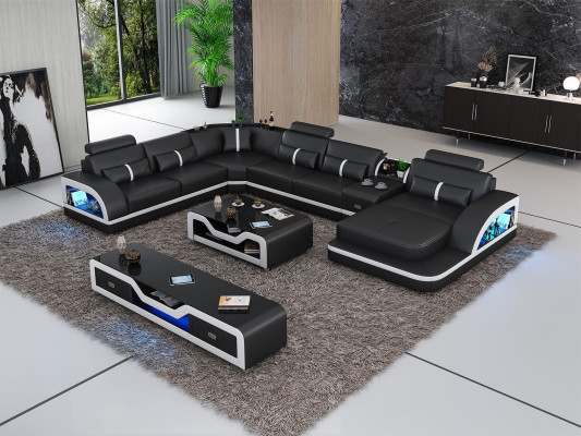 Ecksofa Schwarz mit Couchtisch 2tlg. Wohnzimmer Ledersofa Set Eckgarnitur Tisch