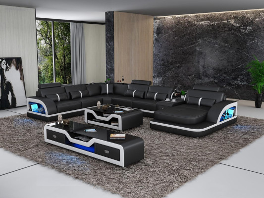 Ecksofa Schwarz mit Couchtisch 2tlg. Wohnzimmer Ledersofa Set Eckgarnitur Tisch