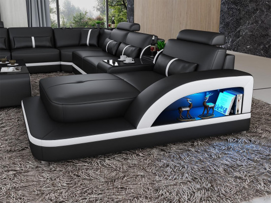Ecksofa Schwarz mit Couchtisch 2tlg. Wohnzimmer Ledersofa Set Eckgarnitur Tisch