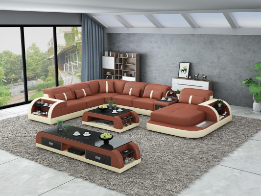 Garnitur Design Wohnlandschaft Ecksofa Sofa Couch U-Form Tisch Leder 2tlg. sets