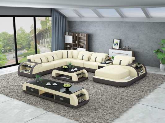 Garnitur Design Wohnlandschaft Ecksofa Sofa Couch U-Form Tisch Leder 2tlg. sets