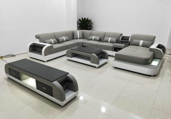 Garnitur Design Wohnlandschaft Ecksofa Sofa Couch U-Form Couchtisch Leder 2tlg