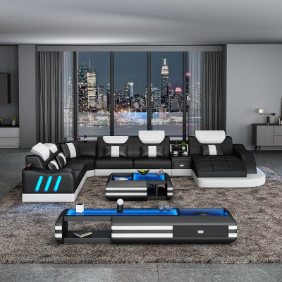 Ecksofa U-Form Sideboard Couchtisch Couch Design Grau Polster Leder Modern 3tlg.