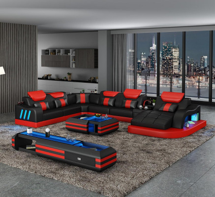 Ecksofa U-Form Sideboard Couchtisch Couch Design Grau Polster Leder Modern 3tlg.