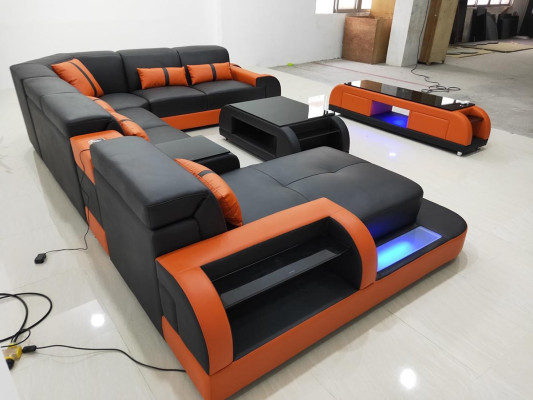 Wohnlandschaft Couch Polster Sofa Garnitur 3tlg. Set Couchtisch Sideboard Leder