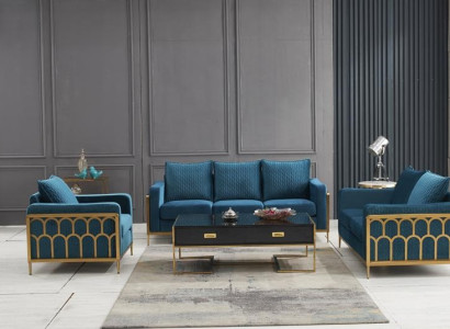 Blaue Edelstahl Sofagarnitur 3+2 Sitzer Polstercouchen Moderne Wohnzimmer Sofas