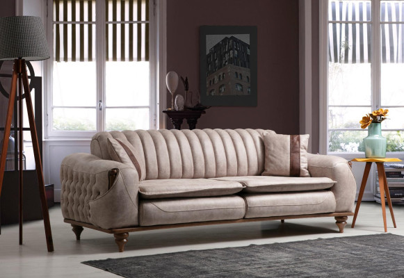 Designer Sofagarnitur 3+1 Sitz Couchtisch Sofabezug Textil Braun Holz