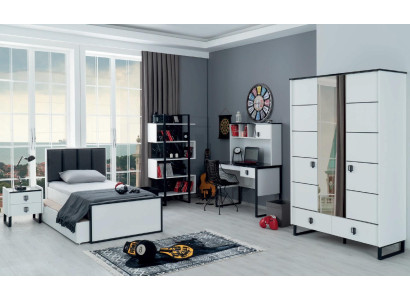 Teeneger Zimmer Jugend Schlafzimmer Möbel Bett + Nachttisch Schwarz Weiß 2tlg.