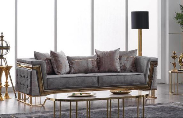 Grau Sofagarnitur 3+1 Sitzer mit Edelstahl Couch Sofa Polster Set 2tlg