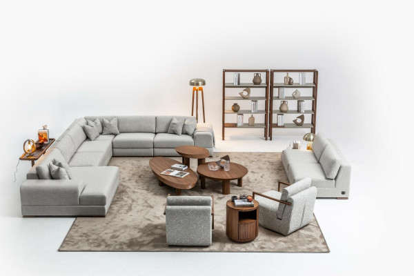 Schlankes, modernes 2-Sitzer weiches Sofa mit integriertem Holztisch und breitem Sitz