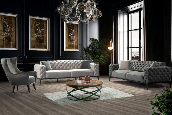 Sessel Ohrensessel Stoff Wohnzimmer Polyester Design Grau Modern Sitz