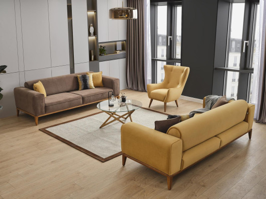 Sofagarnitur Sofa 4 Sitzer Sessel Gelb Stoff Btaun Modern Viersitzer