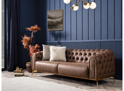 Chesterfield Viersitzer Sofa 4 Sitzer Sitz Polyester Braun Kunstleder
