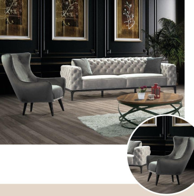 Chesterfield Sofagarnitur Sofa 3+1 Sitzer Stoff Grau Luxus Sofas Weiß