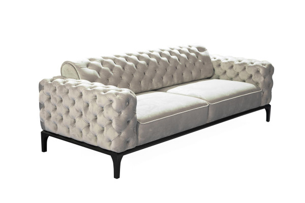 Chesterfield Sofagarnitur Sofa 3+1 Sitzer Stoff Grau Luxus Sofas Weiß
