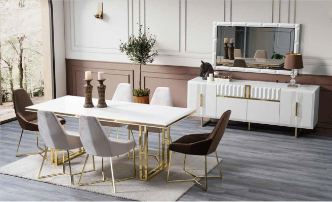 Esszimmer Set Einrichtung Gold 8tlg. Garnitur Tisch 6x Stühle Kommode
