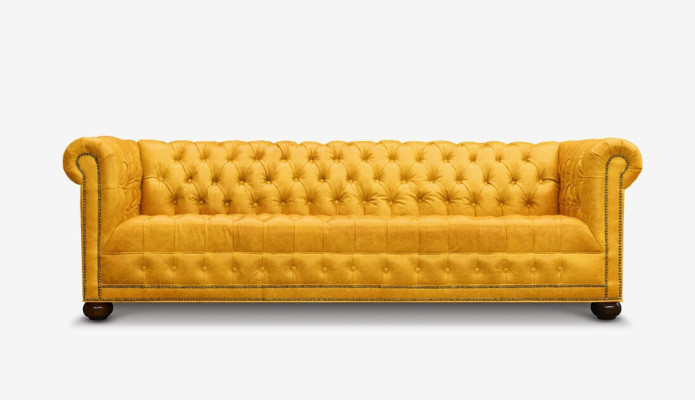 Chesterfield 3 Sitzer Sofa Couch Leder Garnitur Polster Sitz Stoff Gold Sitz Neu