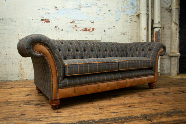 Design Chesterfield 3 Sitzer Stoff Couch Grau Polster Sofas Sofa England 225cm