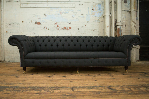 Schwarze Chesterfield Textil Leder Sofa Couch Polster Big Sitzpolster xxl 265cm