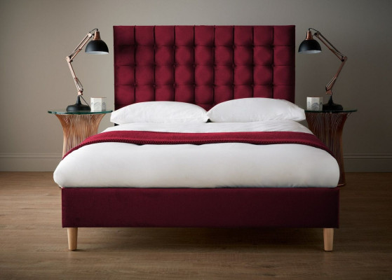 Rotes Luxus Samt Textil Bett Doppel Design Chesterfield 160x200cm Betten Neu