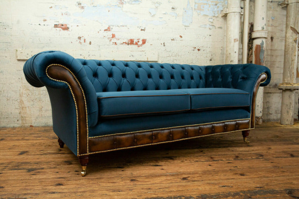 Blaue Chesterfield Stoffsofa Couch Couchen Sofa Sitz Sofas Polster Textil Neu