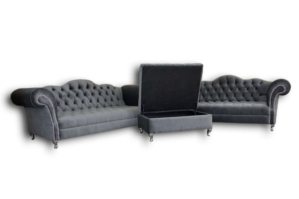 Sofagarnitur 3+2 Sitzers + Hocker Chesterfield Sofa Stoff Leder Couchen