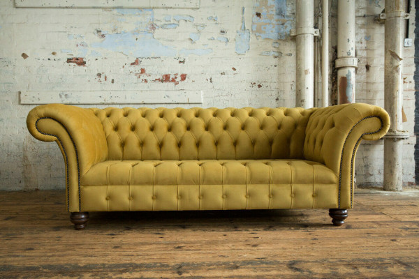 Gelber Designer Chesterfield Dreisitzer Luxus 3-er Couch Wohnzimmer Sofa