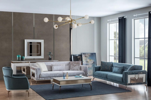 Design Wohnzimmer Set Sofas Sessel Moderne Couchtisch 3+3+1 Couchtisch