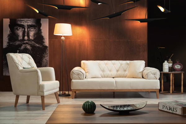 Wohnzimmer Sessel Möbel Modern Stoff Lounge Textil Kunstleder beige