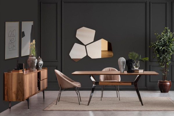 Esszimmer Set Luxus Garnitur Esstisch Sideboard 2x Stühle Spiegel Holz