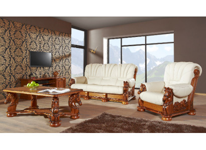 Klassische Sofagarnitur Couch Polster Garnitur Sitz Sofa Leder Holz 3+2+2 Set
