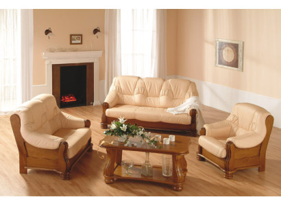 Klassik Sofagarnitur Holz Leder 3+2+1 Komplettes Set Sitz Polster Couchgarnitur
