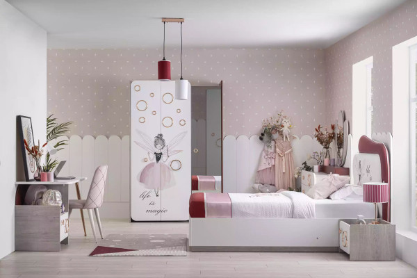 Komplette Kindermöbel - Kinderbett mit Bettkasten, Holz Rosa Set 6tlg