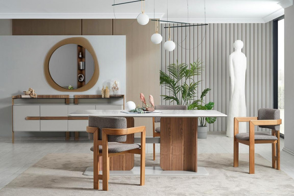 Braun-Weißes Esszimmer Set Esstisch 4x Stühle Kommode Designer Essgruppe