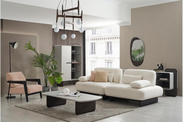Elegantes Wohnzimmer Set Weißes Polstersofa Textil Sessel Couchtisch