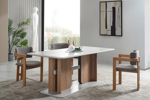 Komplettes Esszimmer Set Rechteckiger Weißer Esstisch 4x Polsterstühle