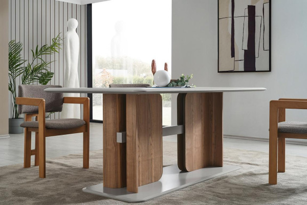Komplettes Esszimmer Set Rechteckiger Weißer Esstisch 4x Polsterstühle