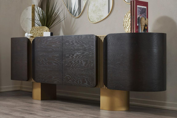 Modernes Schwarz-Goldenes Sideboard Designer Spiegel Luxus Kommode 2tlg