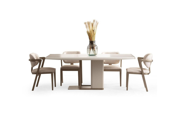 Weiß-Beige Esszimmer Möbwl Rechteckiger Esstisch Mit 6x Stühlen 7 tlg