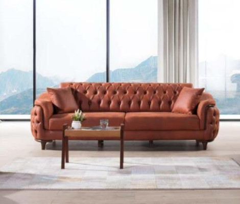 Orange Chesterfield Couch Dreisitzer Sofa Möbel Samt Holz Sitzpolster