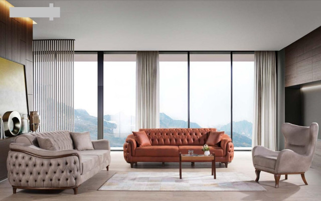 Orange Chesterfield Couch Dreisitzer Sofa Möbel Samt Holz Sitzpolster