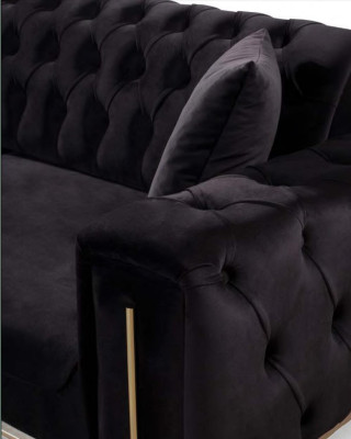 Schwarz Chesterfield Couch Dreisitzer Sitzpolster Sofa Samt Holz