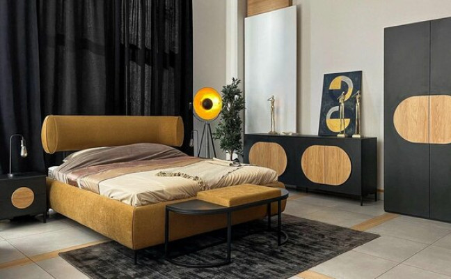 Schlafzimmer Set Bett 2x Nachttische 2x Kommode Kleiderschrank Hocker 7tlg.