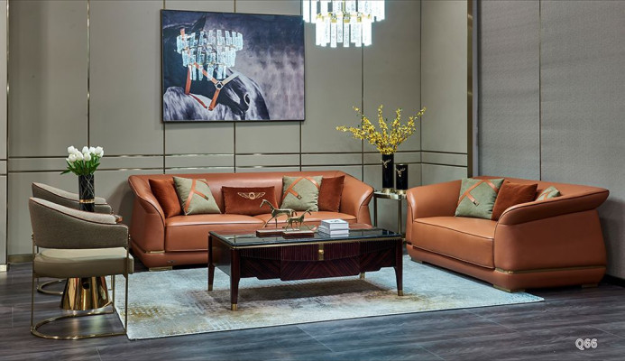 moderne Sofa Garnitur 3+2 Sitzer Design Ledersofa Couch Leder Orange